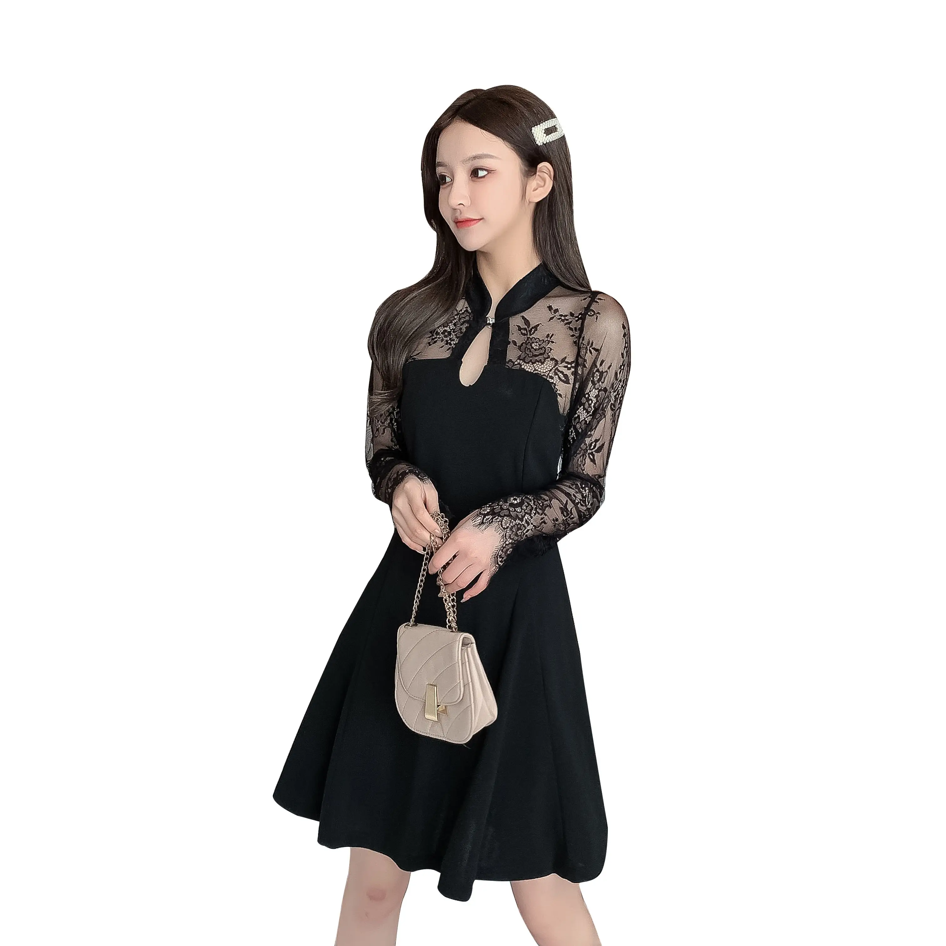 

COIGARSAM Patchwork Women one-piece dress korean Lace Dresses Black 9902