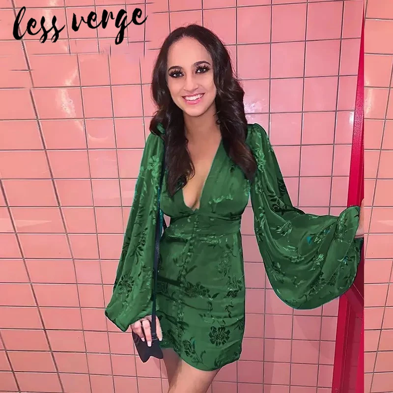 Lessverge, атласное шелковое платье с цветочным рисунком, рукав-фонарик, зеленое платье, высокая талия, пуговица, короткое платье-карандаш, элегантное винтажное женское платье