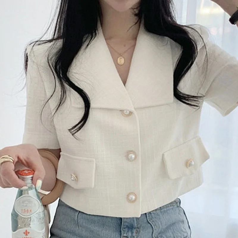 

Retro Hong Kong Style Chic Jacket Female Summer French Lapel Gentle Wind Short Suit Loose Wild Cardigan Top