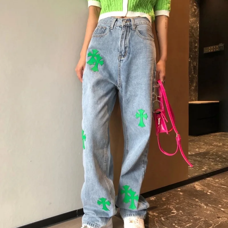 

Patchwork Wide Leg Jeans For Women High Waist Straight Pocket Large Size Casual Pants Female 2020 Summer Fashion New K642