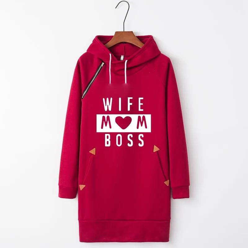 WIFE MOM BOSS Printed Thicken Funny Loose Kawaii Cartoon 2019 Autumn Women Fashion Hoodies Long Sweatshirt Dresses Pullover Top | Женская