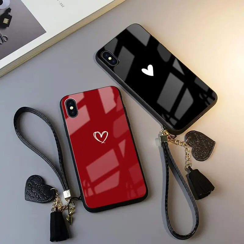 love heart glass phone case for iphone 11 pro 6 6s 7 8 plus x xr xs max simple solid color glass back cover capa with wriststrap free global shipping