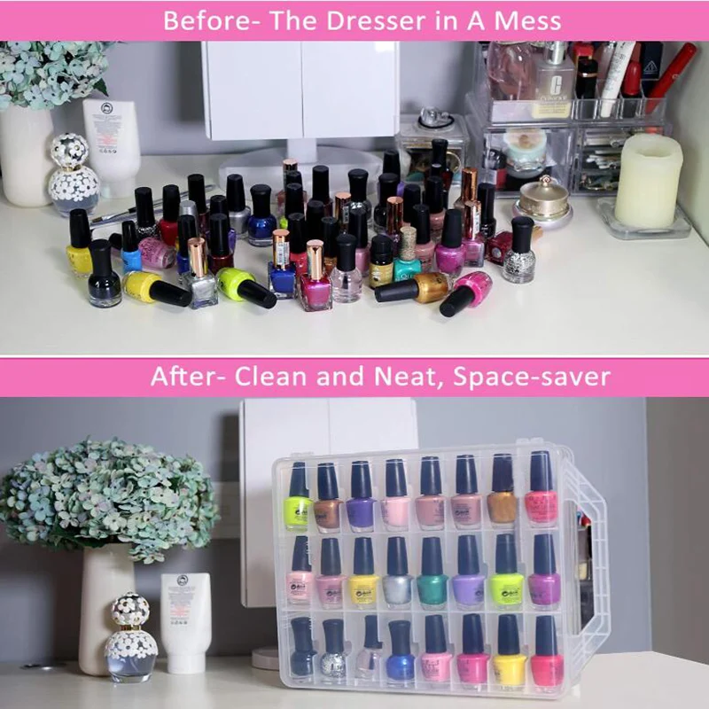 

48 Grid Nail Polish Storage Box Makeup Organizer Portable Nail Polish Holder Clear Adjustable Double-layer Toolbox Plastic Box