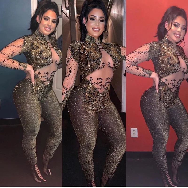 High Elastic Beading Hollow Out Print DJ DS Costume Dance Jumpsuit | Женская одежда