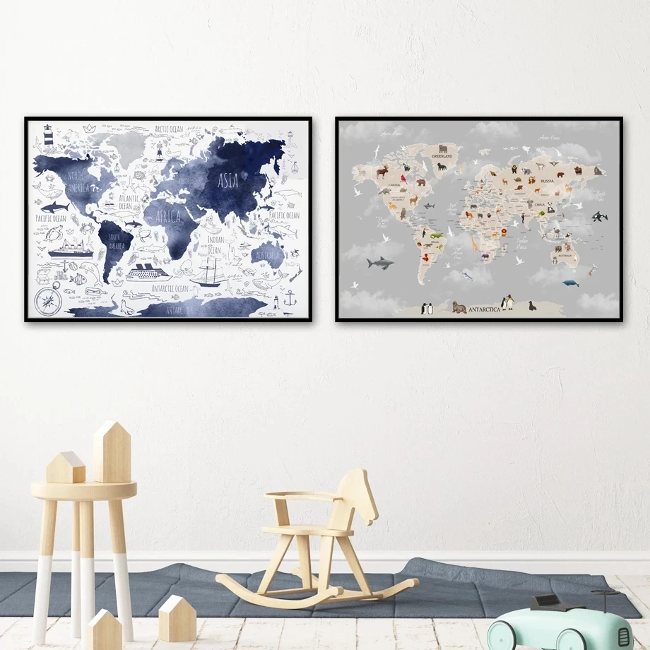 

Wall Art Modern Abstract Cartoon Animals Map Posters Prints Lion Picture Nordic Canvas Paintings Living Room Bedroom Decoration