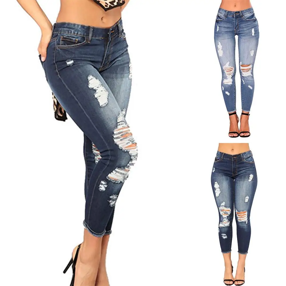 

Stretchy Demin High Waisted Pants Ripped Slim Skinny Jeans Fit Trousers