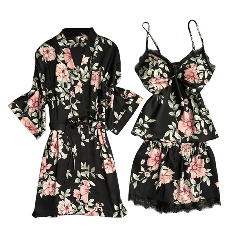 

Menore Women Satin Wedding Sleepwear Suit Spring Lace Trim Pajama Set Print Floral Nightwear Casual Home Wear Lingerie Suit