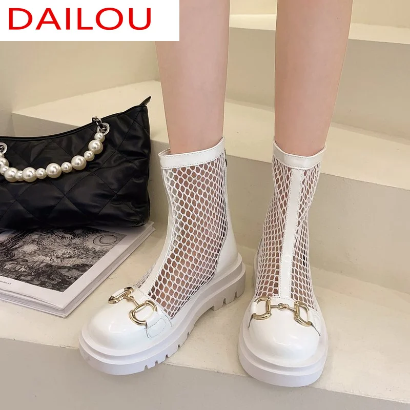 

Женские ботильоны на молнии, однотонные классические ботинки с круглым носком, из сетчатой ткани, на толстой подошве, с украшением из железа...