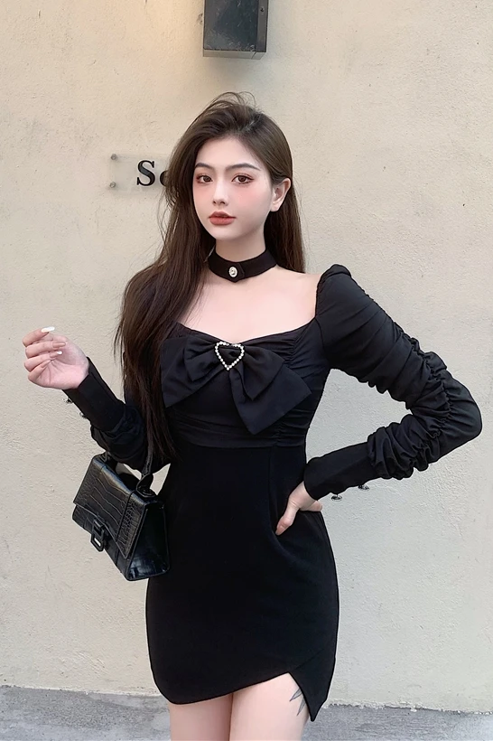 

COIGARSAM French Style Women dress New Vintage High Waist Dresses Blue Black 5793