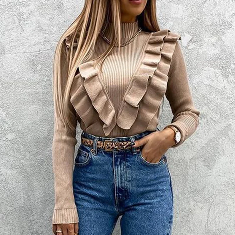 

2021 Fashion Crop Top Female Casual T-shirts Women Long Sleeve Breathable Woman T-shirts Ruffles Women's Cotton T-shirt