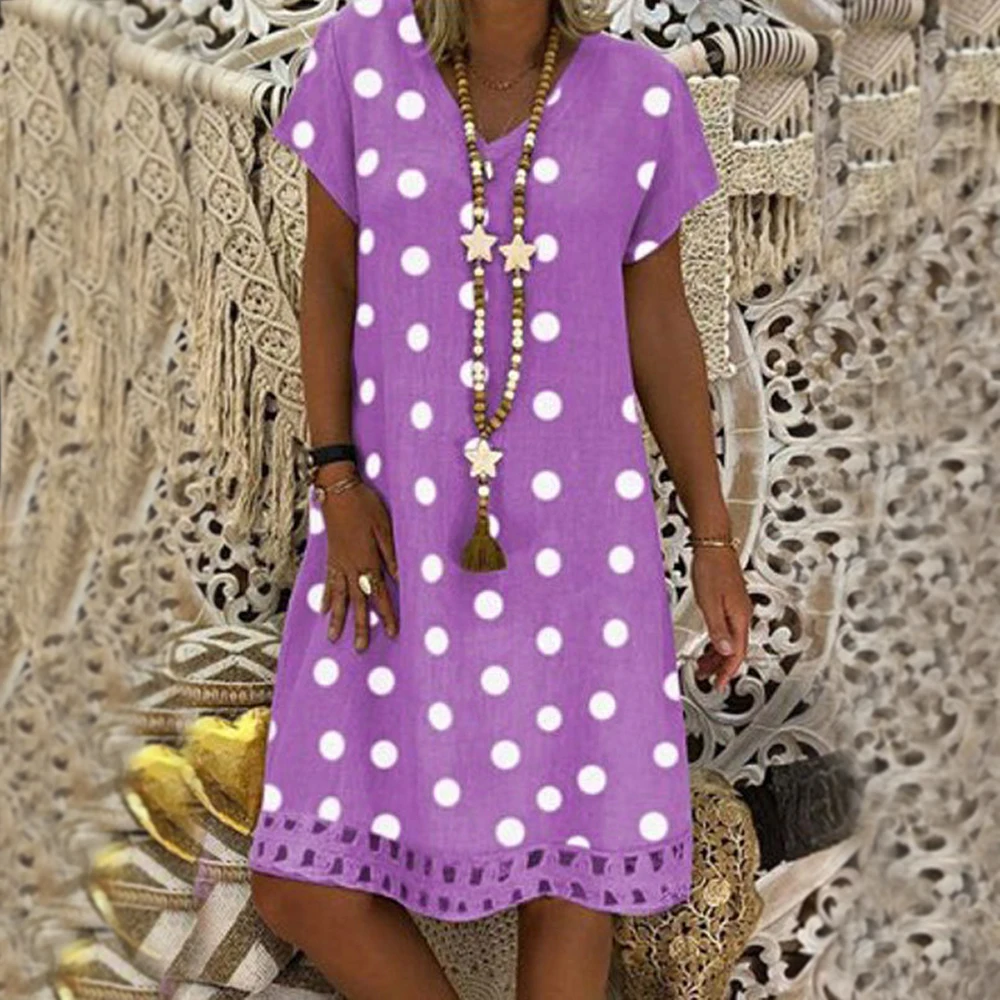 

Fashion Polka dot Print Short Sleeve Female V-neck Dresses Boho Clothes Sundress Women Casual Loose Dress Plus Size Clothings