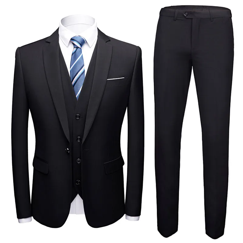 2020 New Men's Solid Color Suit Set Three-piece Coat Vest Pants High End Business Plus Size 6XL Wedding Dress Blazers Jacket | Мужская