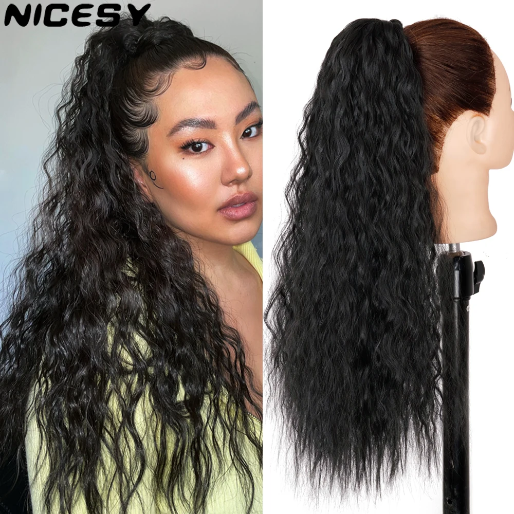 

NICESY Synthetic Corn Wavy Long Ponytail Hairpiece Wrap On Clip Hair Extensions Ombre Brown Pony Tail Blonde Fack Hair