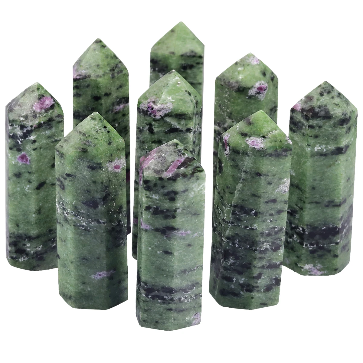 

2pcs Natural Ruby in Fuchsite Hexagonal Points Wand Decoration ,Self Standing Gemstone Prism For Luck Reiki Chakra Meditation