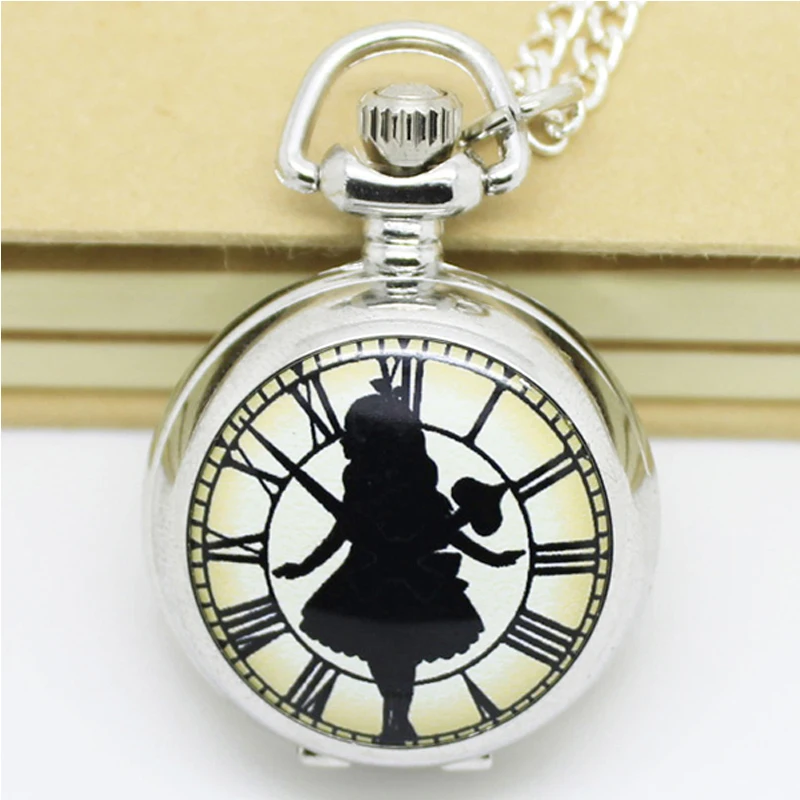 (6001) Серебряная Страна Чудес с кроликом Эмаль кварцевые карманные часы ожерелье