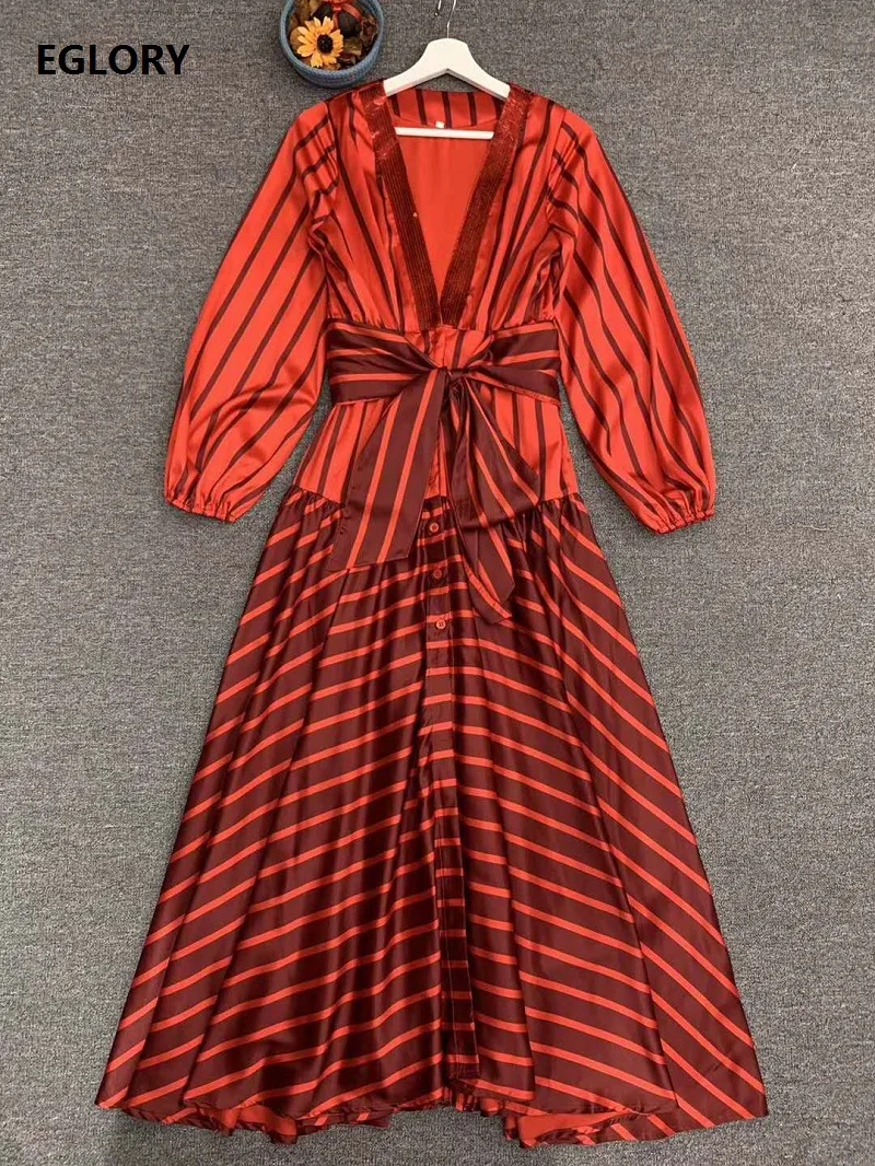 

Женское длинное платье в полоску, Красное Платье макси с длинным рукавом, глубоким V-образным вырезом и бантом на поясе, весна 2021