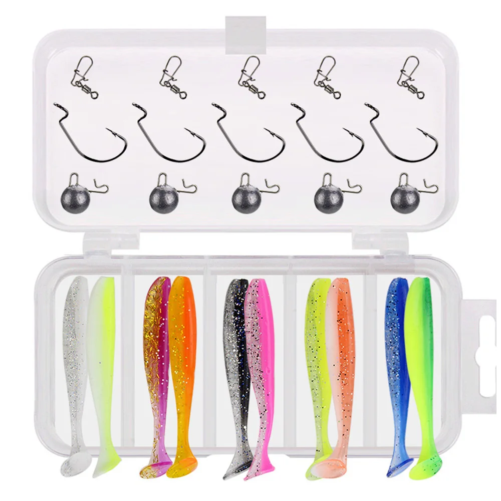 

25pcs T-type Fishing Lure Set Silicone Baits with Lead Jig Head Fishhook Offset Hooks Worm Carp Fishing Tackle Kit