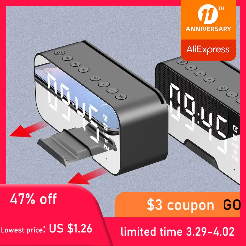 Зеркальный Будильник Bluetooth динамик многофункциональный с FM светодиодный