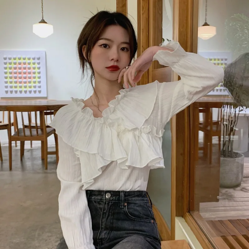 

Sweet Fresh Design Pleated off-Neck Patchwork Ruffled Bell Sleeve Shirt Women's Spring New Top