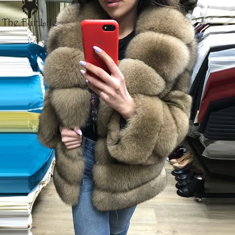 Зимняя шуба из натурального Лисьего меха, толстая теплая имитация саблей, Женский светильник, коричневая короткая куртка, шуба из лисьего меха