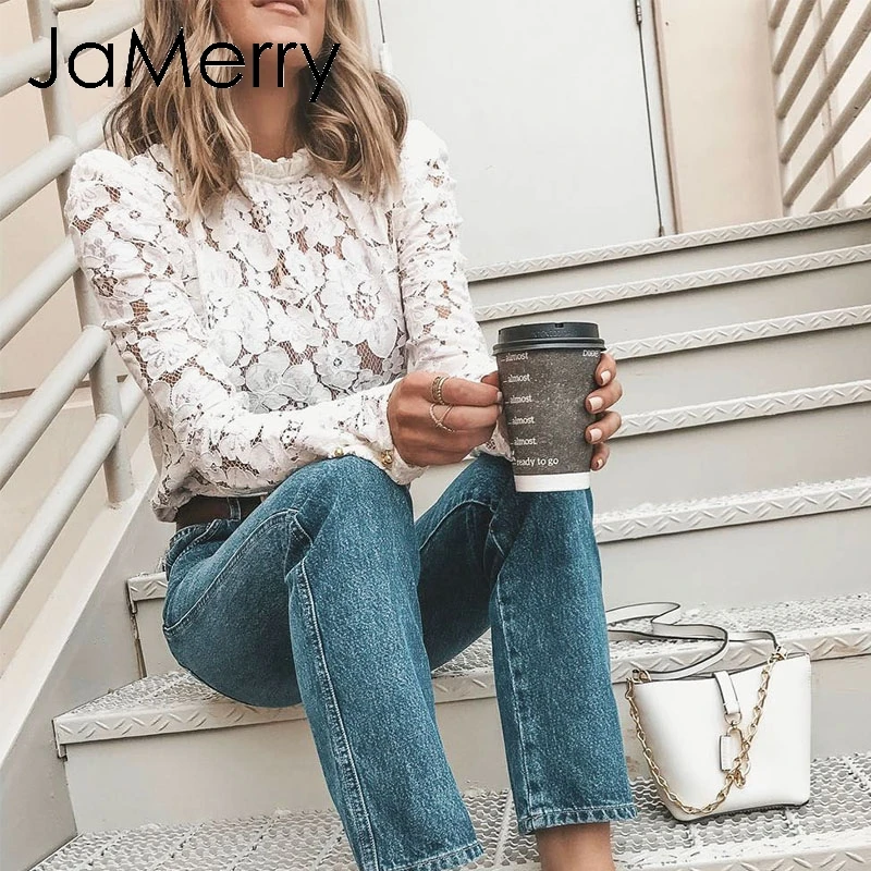 Женская винтажная кружевная блузка JaMerry элегантная белая Просвечивающая офисная