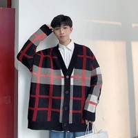 new autumn winter net red plaid sweater cardigan mens korean version loose lazy wind knitted coat pullover new listing gray