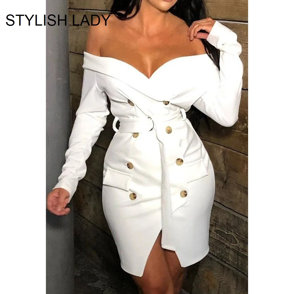 

STYLISH LADY OL Blazer Dress 2019 Autumn Winter Women Long Sleeve Off Shoulder Double Breasted Bodycon Elegant Office Lady Dress