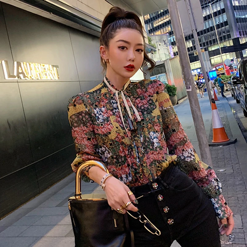 GALCAUR Patchwork Sequin Print Women's Shirt Stand Collar Long Sleeve Lace Up Bowknot Autumn Blouse Female 2020 Fashion New | Женская