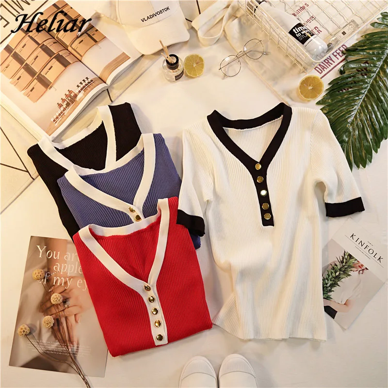 Женская трикотажная футболка с пуговицами HELIAR модная Однотонная v-образным