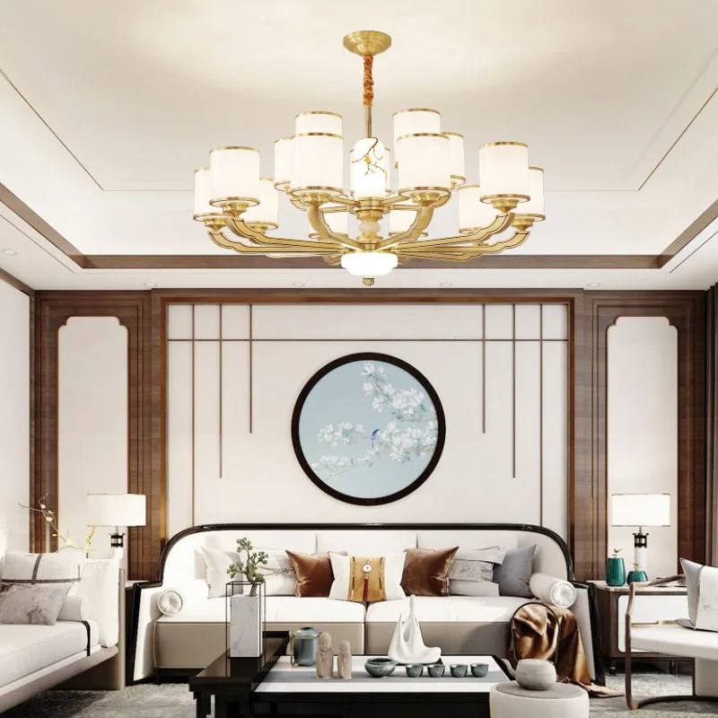 

New Chinese all copper living room lamp, modern villa study lamp, dining room bedroom whole room lighting LED chandelier