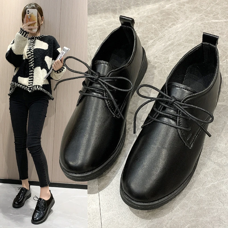 

Оксфорды женские кожаные, универсальные туфли на толстом каблуке, с круглым носком, на шнуровке, лоферы, шикарная обувь на плоской подошве с ...