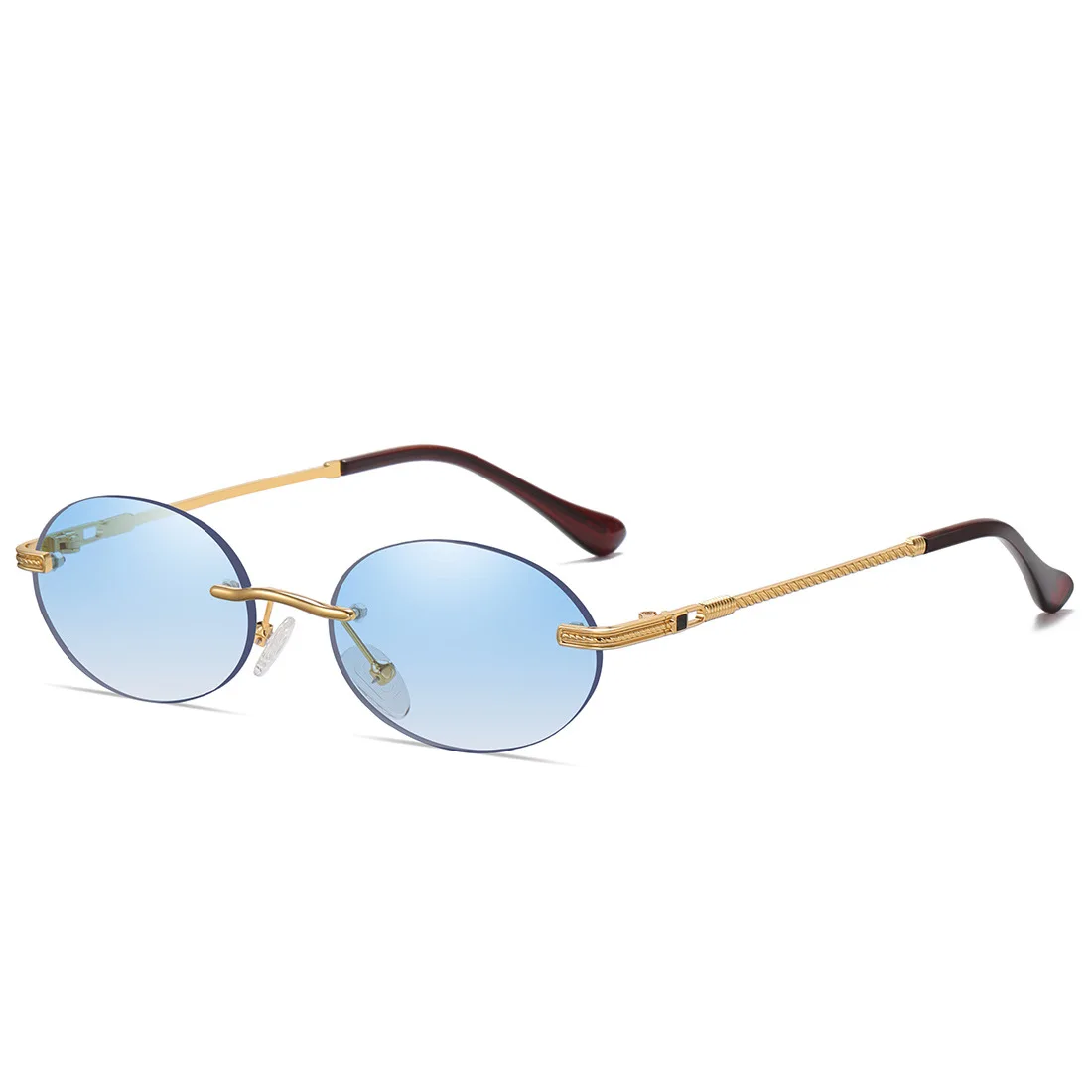 

Солнцезащитные очки без оправы UV400 для мужчин и женщин, модные овальные маленькие Роскошные брендовые дизайнерские синие металлические сол...