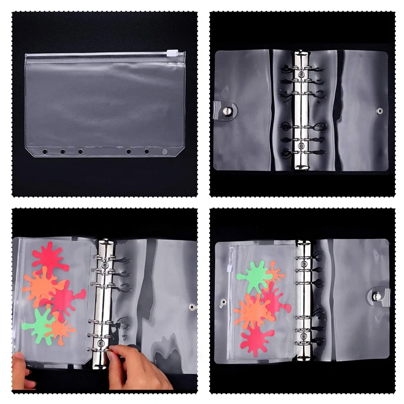 

10 Pcs A6 Size Binder Pocket 6 Holes Clear PVC Zipper Binder Pockets Loose Leaf Bag with 2 Pieces A6 Binder Cover