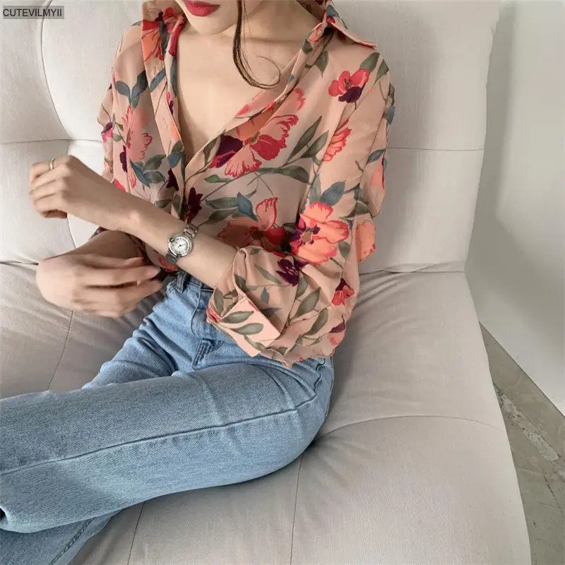 

2021 Women Korean Summer Brief Print Cute Sweet Chic Large Size Casual Floral All-Match Stylish Gentle Chiffon Thin Blouses