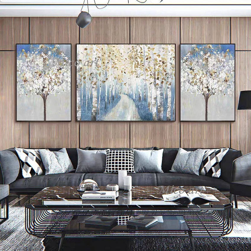 3 Панели 100% ручная роспись лесное дерево абстрактная живопись маслом на холсте