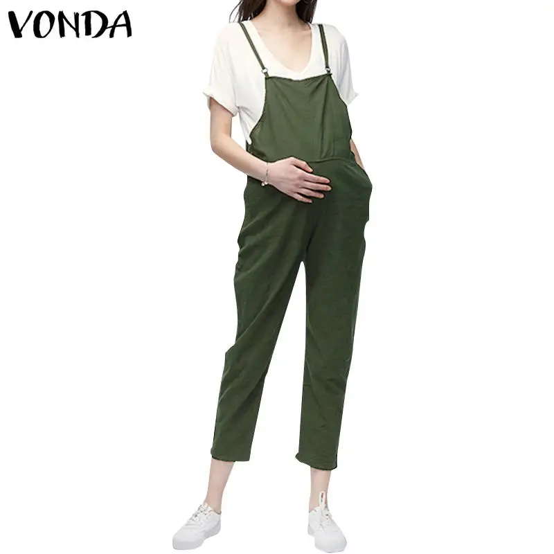 VONDA, Одежда для беременных,, Комбинезоны на лямках для беременных, женские комбинезоны, повседневные штаны для беременных, брюки без рукавов, Комбинезоны - Цвет: Green