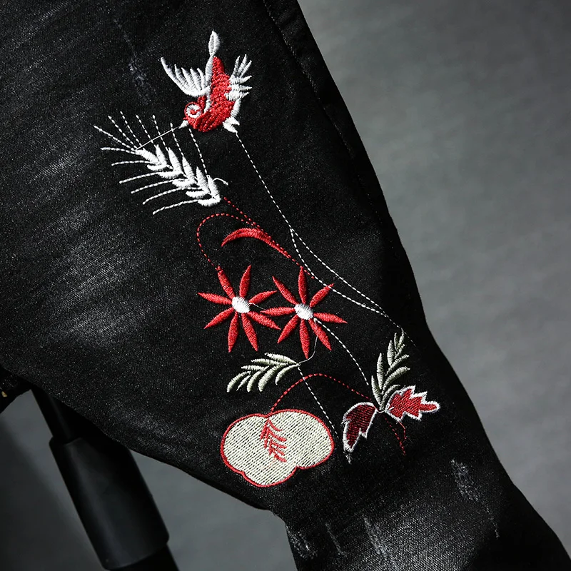 

Fashion Male Casual Boutique Embroidery Stovepipe Pencil Jeans / Men's Tight-fitting Embroidered Flower Denim Pants Trousers