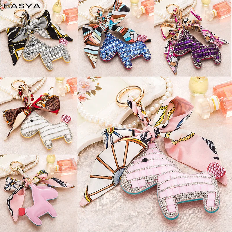 

Korean Creative Full Rhinestone Pony Silk Scarf Keychain Girl Bag Decoration Pendant Exquisite Women Car Keychain Accessories