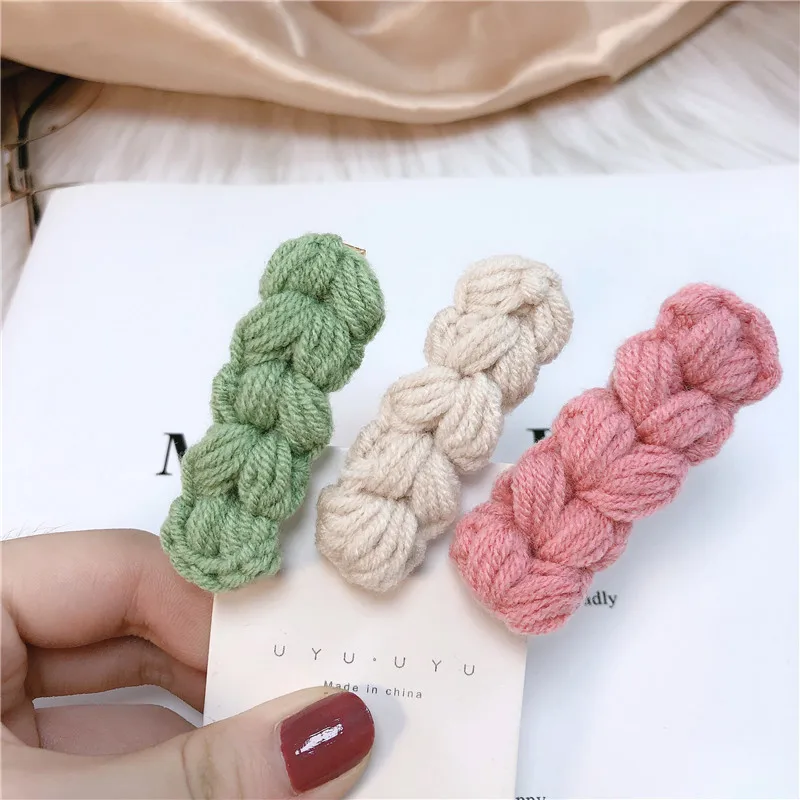 

Autumn Winter Wool Knitting Women Hairpins Bangs Clips Solid Color Geometric Waterdrop Rectangle Barrettes Hair Accessories