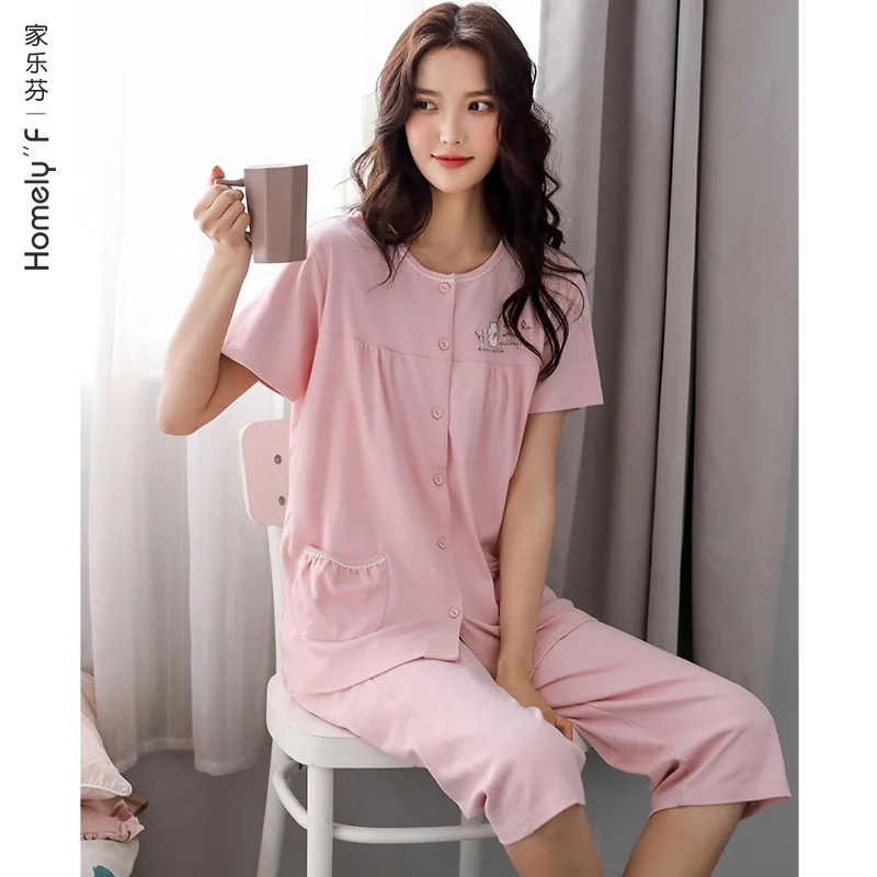 Pajamas Womens Summer Cotton Short Sleeve Shorts Home Wear Summer Thin Cotton Cute Japanese Style Casual Two Piece Suit