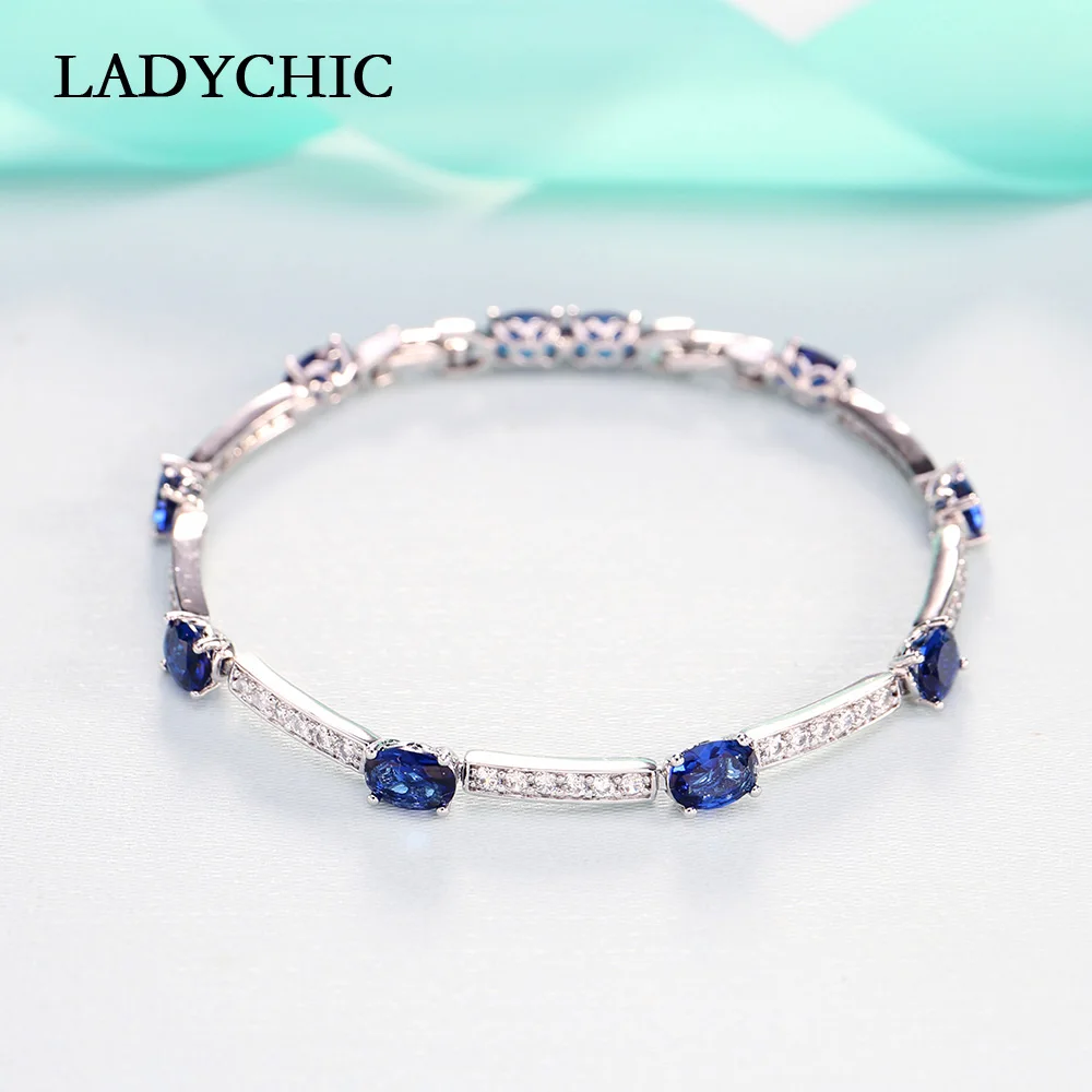 LADYCHIC роскошный голубой зеленый овальный циркон серебряный цвет браслеты очаровательный кристалл невесты свадебные украшения для женщин Модный браслет LB1001