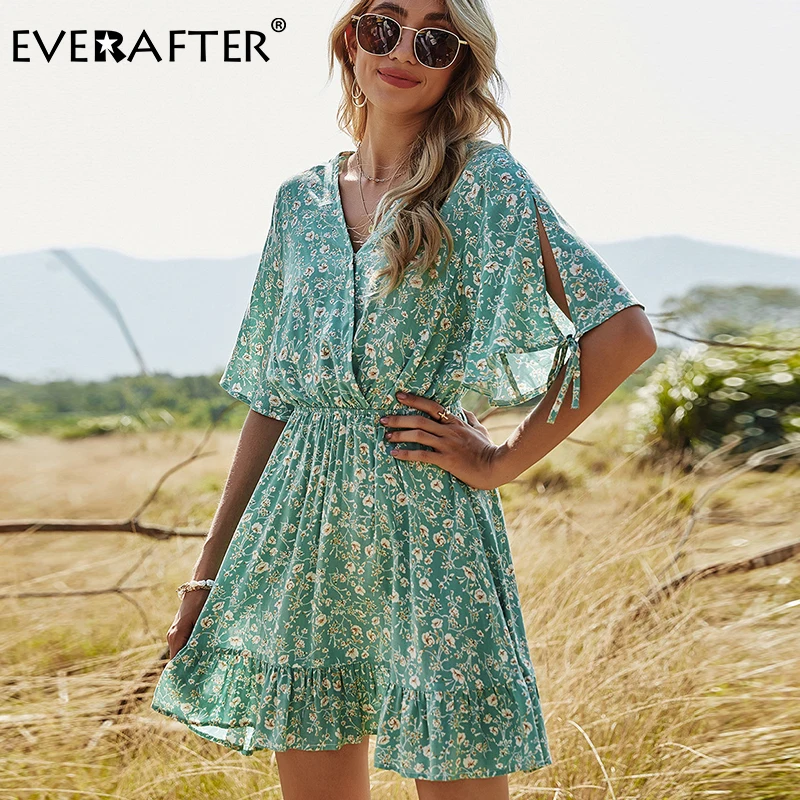 

EVERAFTER Casual Green Floral Print Women Dress Summer Holiday Style V-neck Lace Up Hollow Out High Waist Ruffled Beach Dresses