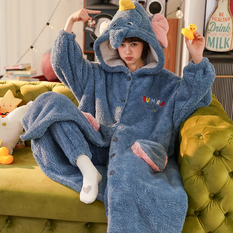 Plush Pajamas Cute Cartoon Hooded Woman Plus Size Nightgown and Home Service Suit for Autumn Winter Sleepwear Robe Schlafanzug