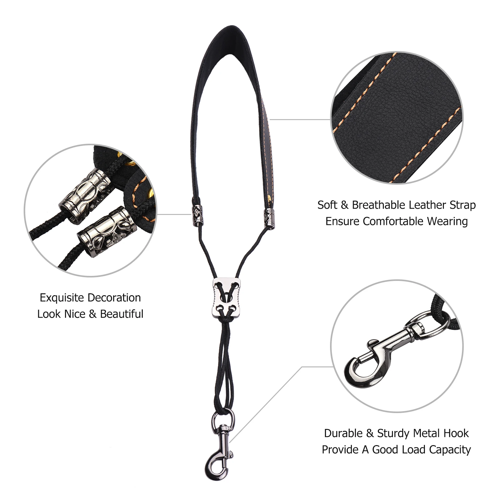 

Adjustable Saxophone Neck Strap Soft Leather Padded Sax Strap with Metal Hook for Saxophones Clarinets Accessories colour Black