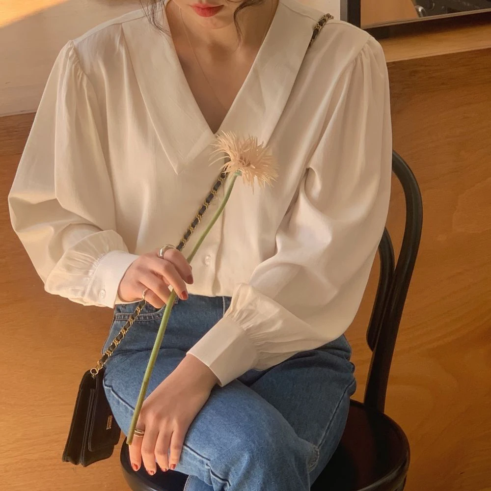

Doll Collar White Shirt for Women Spring 2021 New Korean Style Temperament Youthful-Looking Lantern Sleeve Loose Shirt Coat