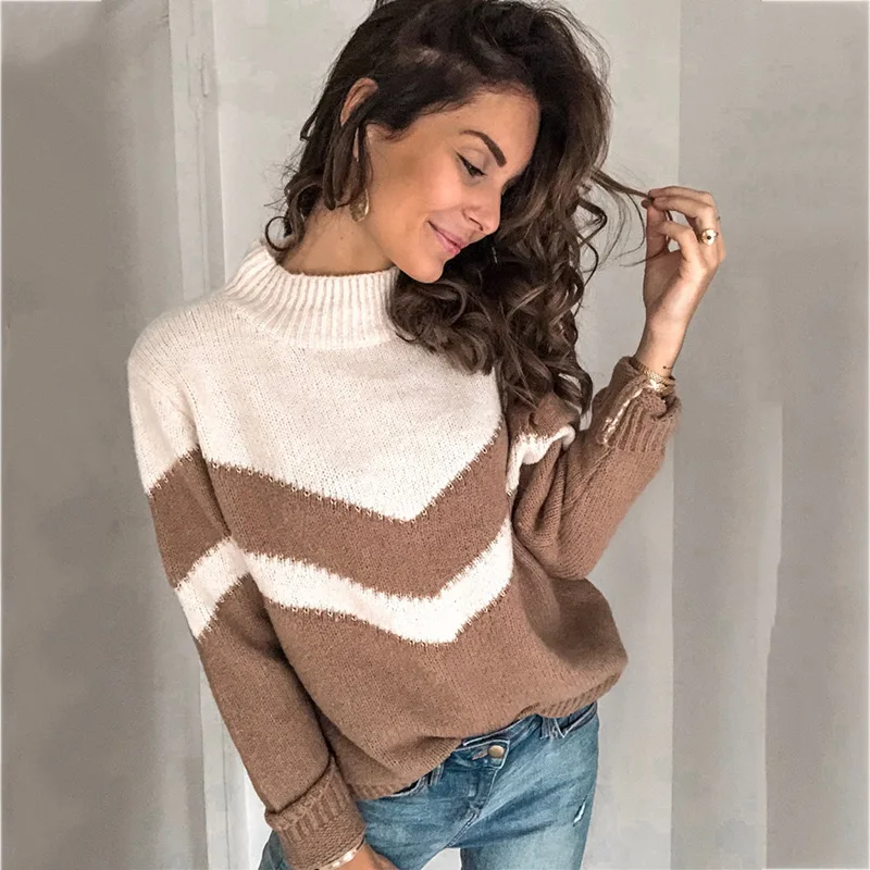 Женский свитер с V-образным вырезом вязаный джемпер в полоску зимний одежда