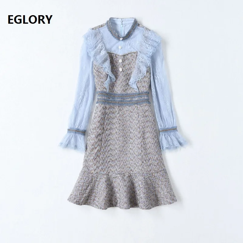 

2020 Autumn Winter Fashion Wool Dress High Quality Designer Women Beading Lace Ruffle Patchwork Long Sleeve A-Line Dress Vintage