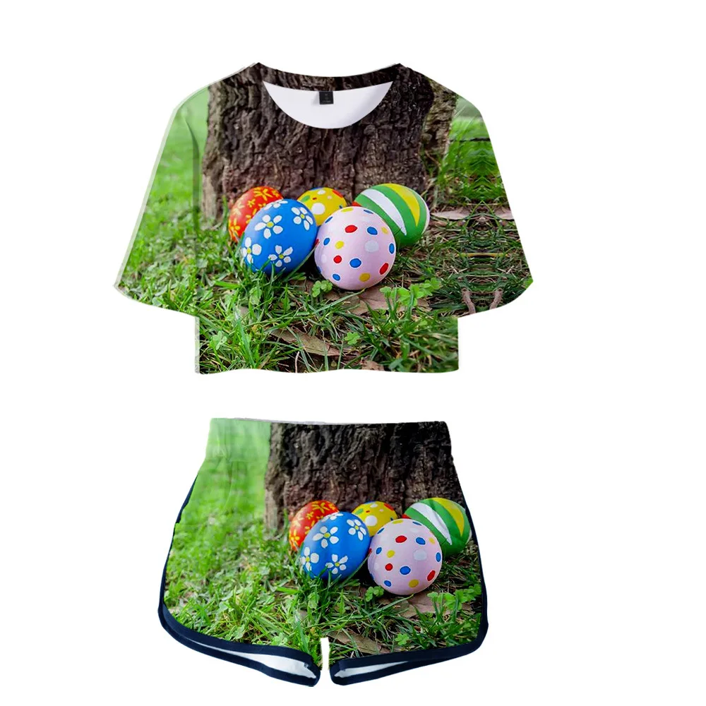 

2021 3D Easter Day Summer Soft Shorts and T-shirts Casual Women Two Piece Sets Crop Top Tracksuit Clothes Print Sexy & Club