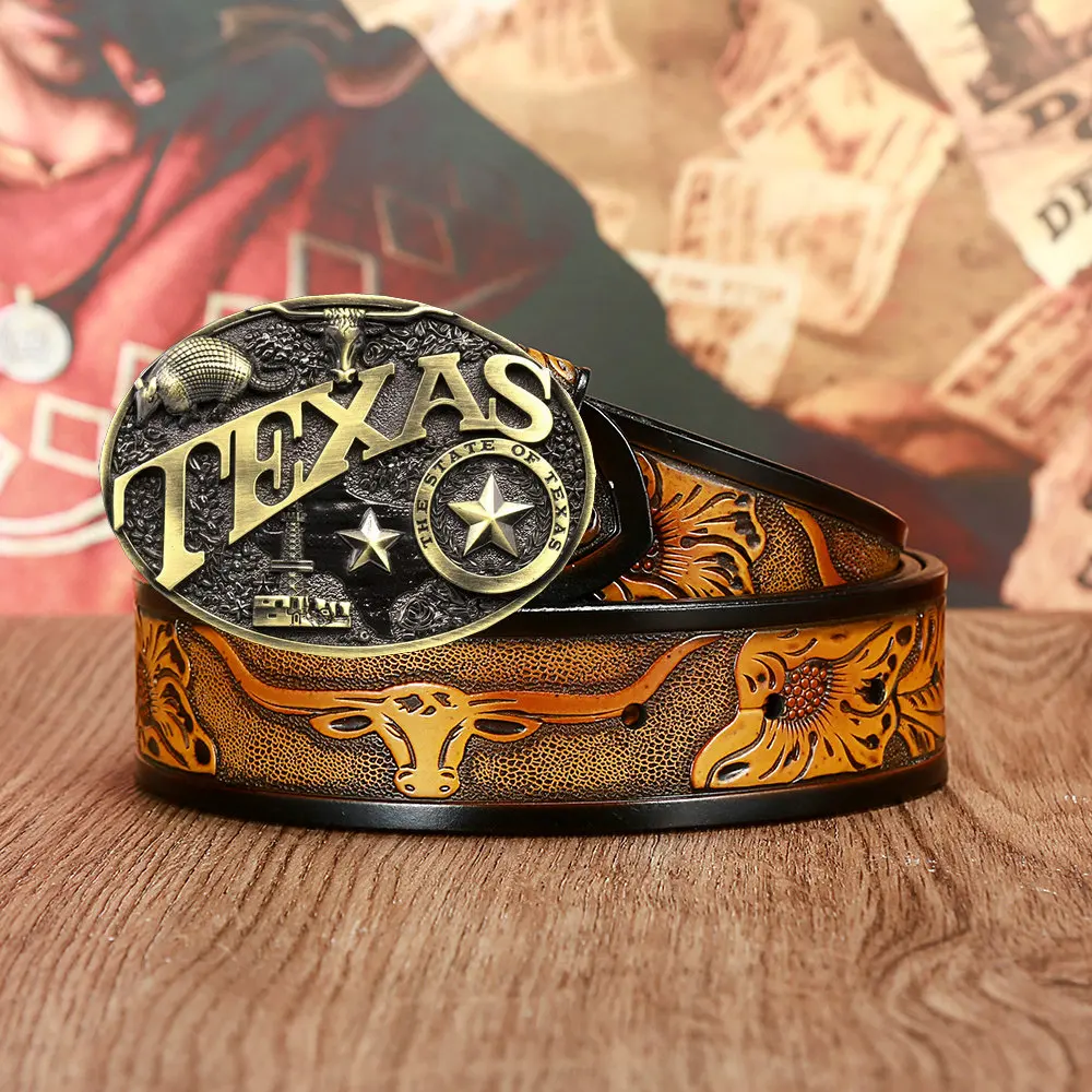 

Western Cowboy Leather Belt with Zinc Alloy Bull Head Pattern