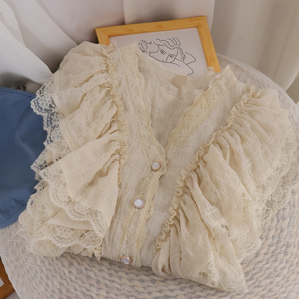 

Sweet Color Women Summer Lace Layered Ruffled V-neck Shirt New Short Puff Sleeve Single-breasted Solid Color Blouse Top